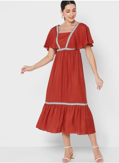 Buy Flute Sleeve Embroidered Trim Dress in Saudi Arabia