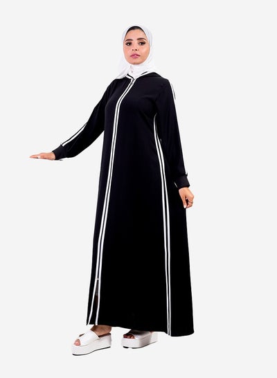 Buy Black crepe abaya with white stripes on the front and sides in Egypt