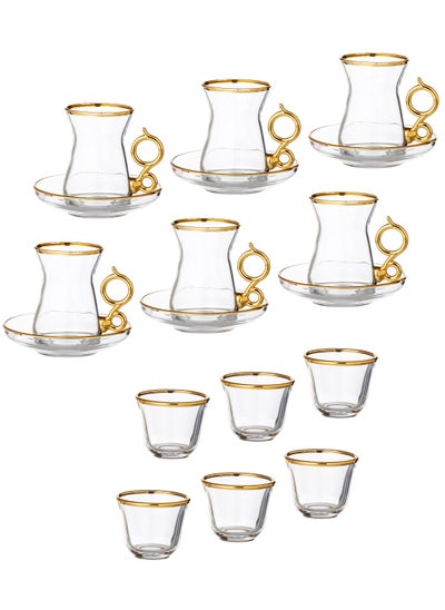 Buy 18 Piece Tea Set With Saucers And Saudi Coffee Made Of Turkish Glass With Golden Calligraphy in Saudi Arabia