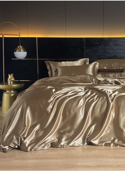 Buy Silky Satin King Size 6-Piece Bedding Set, Plain Gold Brown Color in UAE