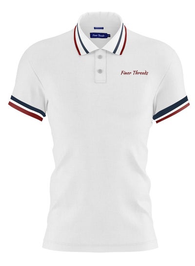 Buy Finer Threads White Men's Polo Shirt with Contrast Collar and Thin Stripes-Regular Fit. in UAE