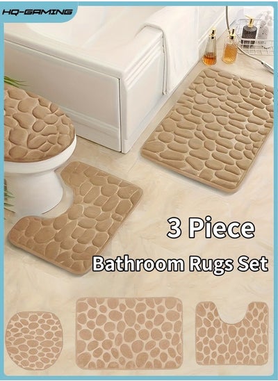 Buy Bathroom Rugs Sets 3 Piece, Cobblestone Flannel Bathroom Mats Set Extra Thick, Non Slip Bath Mats for Bathroom, Water Absorbent, Washable Bath Rugs for Tub, Toilet and Floor (Beige) in Saudi Arabia