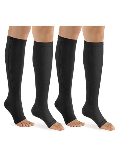 Buy 2 Pairs Compression Socks Open Toe Compression Stockings Knee High Socks with Zipper Compression Pantyhose 15-20mmHg for Improves Blood Circulation Prevents Leg Swelling (Black) in Saudi Arabia