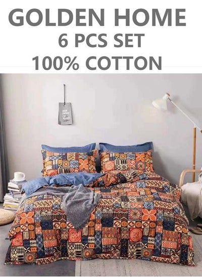 Buy 6-Piece Single Size Cotton Printed Combination Duvet Cover Set Includes 1xFitted Bedsheet 120x200+30cm, 1xDuvet/Bed Cover 160x210 cm, 2xPillowcase 55x80cm, 2xCushion Case 45x70cm Multicolour in UAE