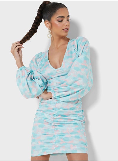 Buy Printed Plunge Puff Sleeve Dress in UAE