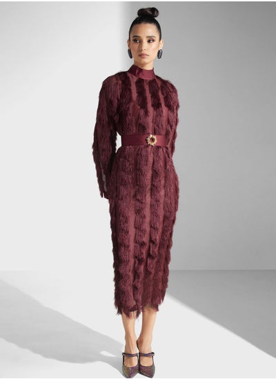 اشتري Fur Detail Belted Dress في الامارات