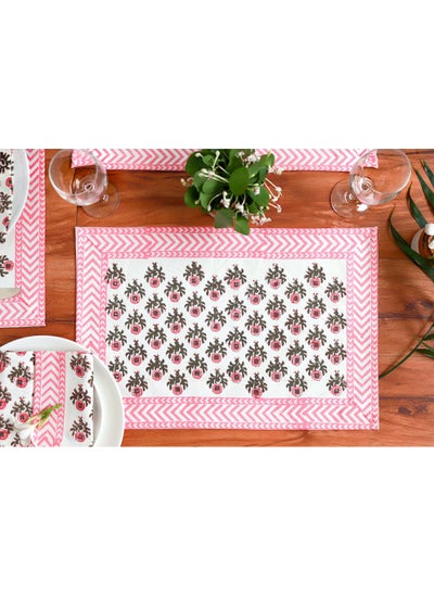 Buy 12 Piece Cherry Pink Hand Block Printed 100 Percent Canvas Cotton Table Placemats & Soft Cotton Napkin Set in UAE