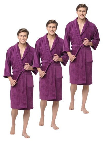 اشتري 3 Pieces Purple Colour Terry Check Design  Bathrobe XXXXL Size with Double Front Pockets في الامارات