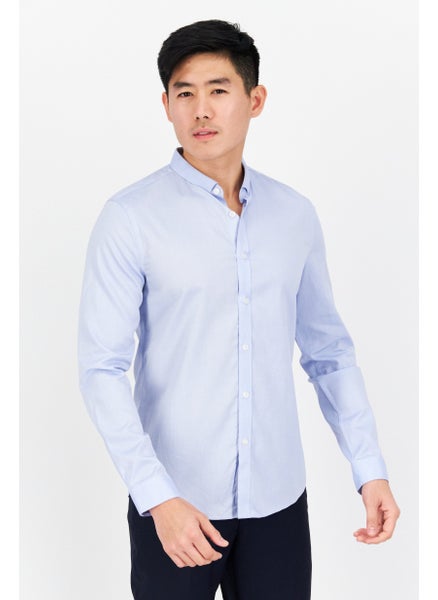 اشتري Men Slim Fit Spread Collar Long Sleeve Plain Casual Shirt, Blue في الامارات