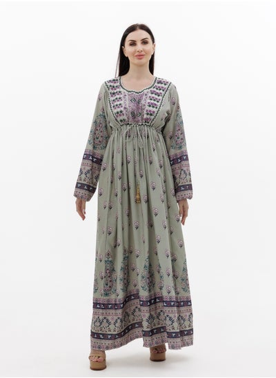 اشتري LONG PRINTED AND NECK EMBROIDERED STYLISH ARABIC KAFTAN JALABIYA DRESSES في السعودية