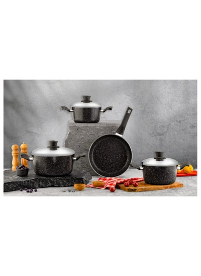 اشتري Tashan set of healthy, non-stick granite rounded kitchen cookware consisting of 7 pieces comes in (180-200-240) ML & Frying Pan 260 ML And Stainless Steel lid في مصر