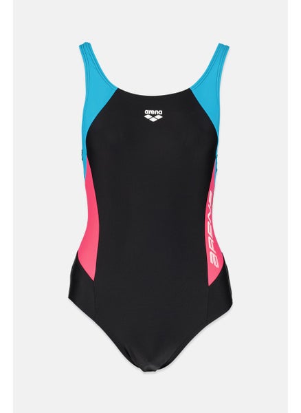 Buy Women Brand Logo One Piece Swimsuit, Black and Blue and Pink in Saudi Arabia