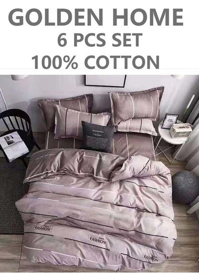 Buy 6-Piece Printed Combination King Size Duvet Cover Set  Includes 1xFitted Bedsheet 200x200+30cm, 1xDuvet Cover 220x240 cm, 2xPillowcase 55x80cm, 2xCushion Case 45x70cm Cotton in UAE