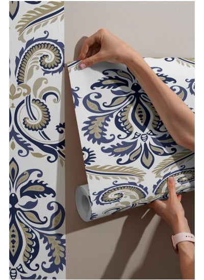 Buy A Blue And White Damask Pattern With Swirls And Leaves.
 Fabric Wallpaper Covers An Area ​​Up To 4.2Mx3M With Adhesive And Smoothing Tool in Egypt