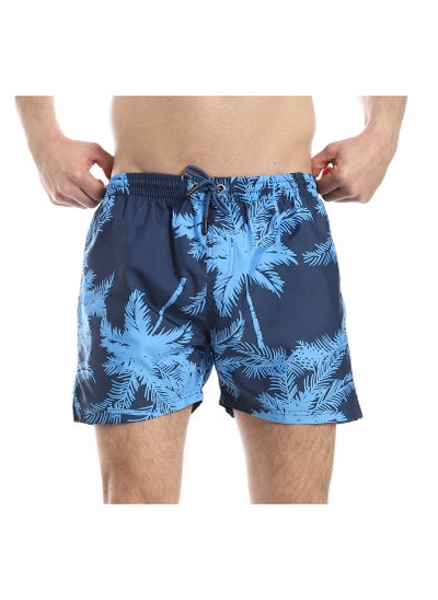 Buy Palm Pattern Elastic Waist Swim Shorts - Shades of Blue in Egypt