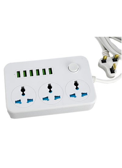 Buy Extention Board 3 Socket 6 USB Port Universal Plug Extension White 150x97x30mm in UAE