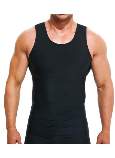 Buy Men Compression Shirt Slimming Body Shaper Vest Tummy Control Shapewear Abdomen Undershirt, Black-L in UAE