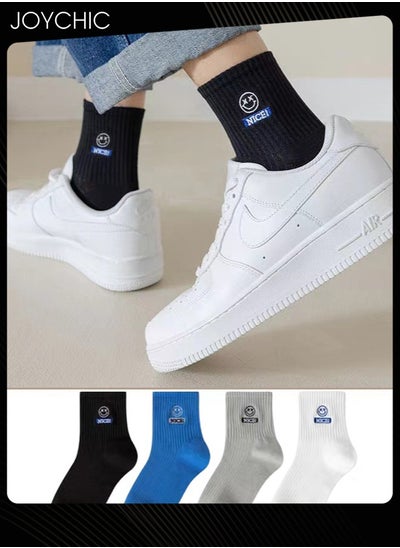 اشتري 4 Pair of Trendy Men's Spring and Summer Mid-calf Cotton Socks Boys Students Casual Sweat-absorbent Smiling Face Design Sports Socks في الامارات