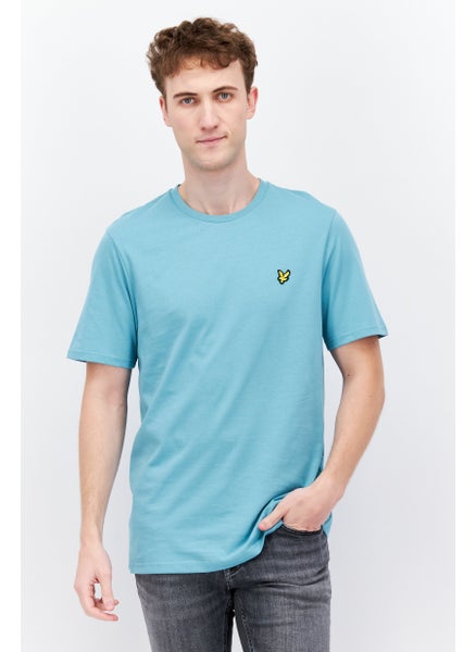 Buy Men Round Neck Short Sleeve Embroidered Logo T Shirt, Turquoise in UAE