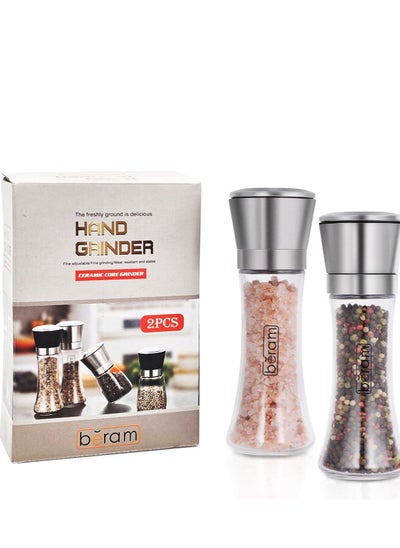 Buy Salt and Pepper Grinder, Set Of 2, Spices Mill With Glass Body, Stainless Steel, Durable Material, Manual, Dual and Multipurpose, Adjustable Coarseness, Sea Salt, Black Peppercorn, Spices and More in UAE