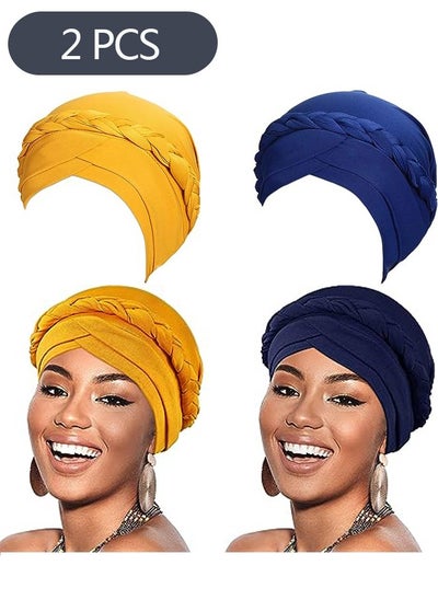 Buy 2-Piece Women Turban Cap, Head Wrap Knot Pre-Tied Bonnet Braid  Turban Hat (Yellow &Navy Blue) in Saudi Arabia