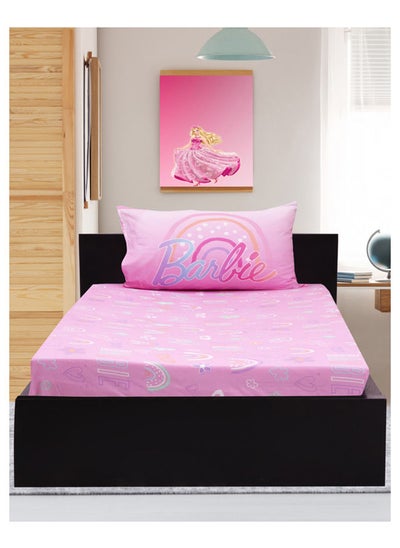 اشتري 2-Piece Kidz Klub Barbie Doll Pink Fitted Sheet Twin Fabric 144TC Poly Cotton Printed Comforter Set Includes 1xFitted Sheet 120x200+25 cm, 1xPillow Case 50x75 cm في الامارات