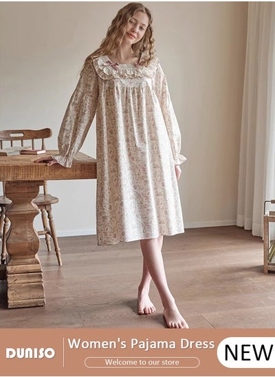 Buy Women's Victorian Nightgown with Long Sleeve, Soft Nightgowns Vintage Night Loungewear, Loose Sleepwear for Spring, Autumn in UAE