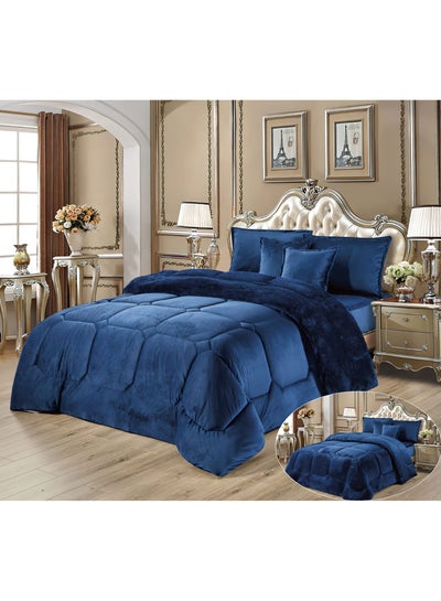 Buy 6Pieces Ultra Soft Winter Comforter Set King Size 220x240cm Box Stitched Solid Color Warm Bedding Sets, Blue in Saudi Arabia