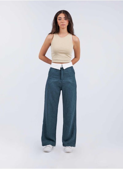 Buy High-Waist Dark Olive Folded Waistband Wide Leg Trousers. in Saudi Arabia