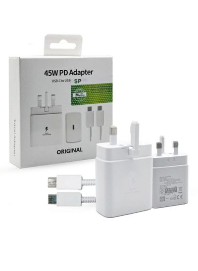 Buy Wall Charger 45W Fast Charging With UK Plug USB-C to USB-C For Samsung Devices With Type C Cable White in Saudi Arabia