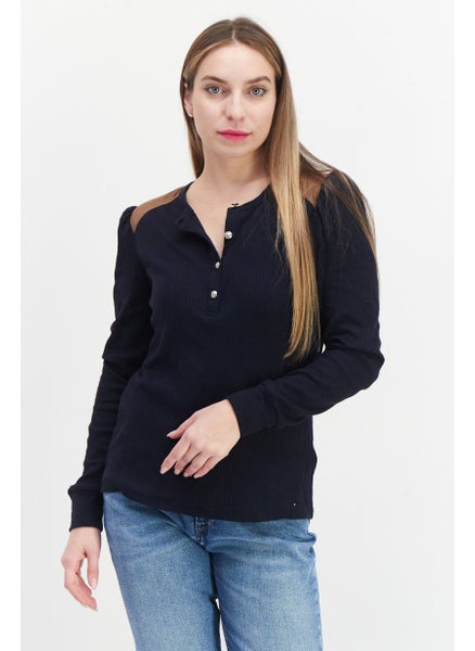 Buy Women Crew Neck Ribbed Sweatshirt, Navy Blue Combo in UAE