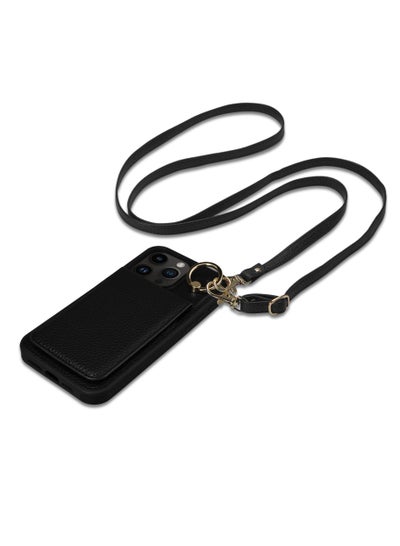 اشتري Crossbody Case for iPhone 15 Pro Max with RFID Blocking Card Slots, Detachable Lanyard Strap, 360°Ring Stand, Lychee Print iPhone 15 Pro Max Case (Black, 6.7'') في السعودية