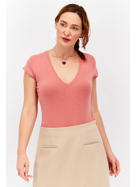 Buy Women Plain Short Sleeves  Bodysuit, Pink in UAE