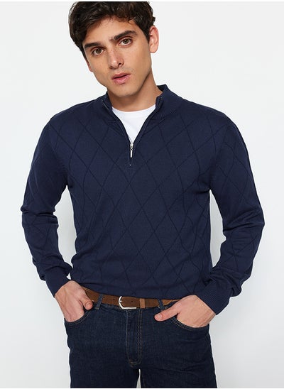 Buy Navy Blue Slim Fit Half Turtleneck Zipper Collar Cotton Smart Knitwear Sweater TMNAW23KZ00215 in Egypt