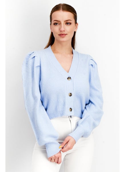 اشتري Women V-Neck Knitted Cropped Cardigans, Sky Blue في الامارات