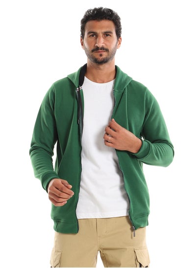 Buy Ribbed Cuffs & Hem Plain Green Zipper Sweatshirt in Egypt