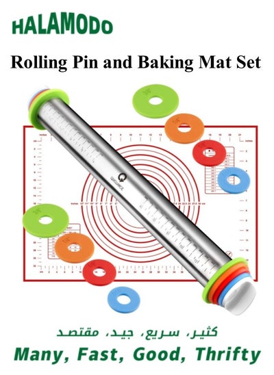 Buy Rolling Pin and Pastry Baking Mat Set Stainless Steel Dough Roller with Adjustable Thickness Rings Rolling Pins for Baking Fondant & Pizza & Pie & Pastry & Pasta & Cookies in UAE