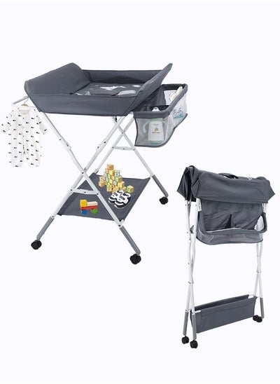 Buy Baby Changing Table Adjustable Height Portable Folding Diaper Changing Station with Wheels Mobile Nursery Organizer with Large Storage Racks for Newborn Baby in UAE