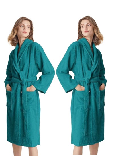 Buy 2 Pieces Peacock Green Colour Spa Terry Bathrobe Large Size in UAE