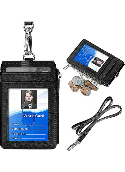 Buy Badge Holder with Zipper, PU Leather ID Badge Card Holder Wallet with 5 Card Slots, 1 Side RFID Blocking Pocket and 20 inch Neck Lanyard Strap for Offices ID/School ID/Driver Licence in Saudi Arabia