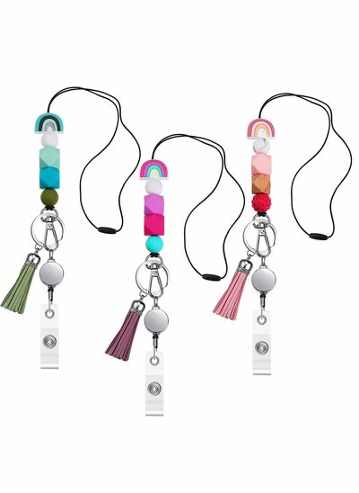 Buy Silicone Beaded Lanyards for ID Badges and Keys 3 Sets Boho Neck Lanyard Necklaces with Retractable Badge Reel Holders Tassel Keychain Strap Lanyard for Women Girls Teacher Students Nurses in Saudi Arabia