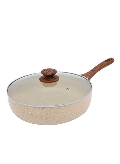 Buy Non-Stick Aluminum Deep Fry Pan With Glass Lid With Soft Touch Wood Handle Beige/Brown in Saudi Arabia