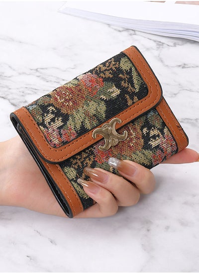 Buy Retro Flower Printed Canvas Trifold Ladies Short Wallet for Women Card Holder Bag Money Bag 10*7.5*2cm in Saudi Arabia