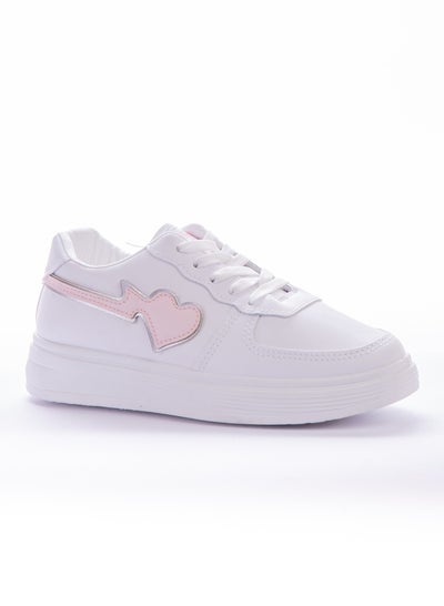 Buy Heart-drawing Flat Leather Sneakers - White Pink KO-46 in Egypt