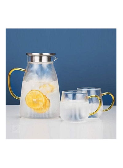 Buy Set Of 3 Heat Resistant Borosilicate 1500 ML Glass Water Pitcher With Stainless Steel Strainer Lid With Set Of 2 Pcs 350 ML Glass Mugs in UAE
