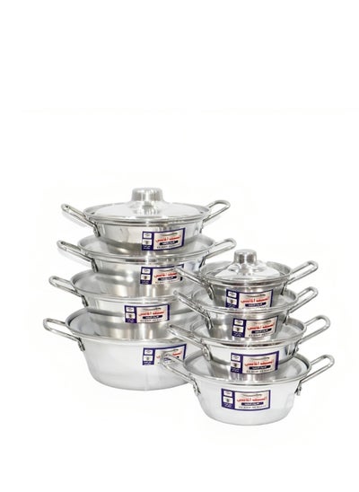 Buy Shawarma pots set with aluminum handle from Al Saif Almasi, shiny medium size, 8 pieces, 16-30 cm in Saudi Arabia