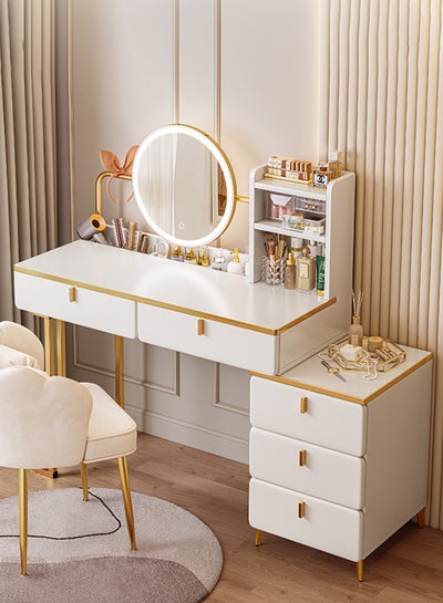 modern minimalist dressing table Modern Minimalist Makeup Vanity Table Set, Matte Sintered Stone  Tabletop,with Drawer, Stool,Pink