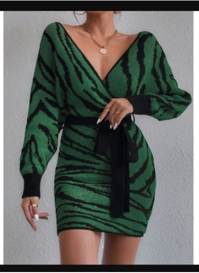 Buy Zebra Striped Pattern Batwing Sleeve Belted Sweater Dress in Egypt