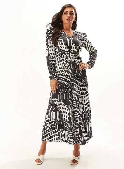Buy Iconic Printed Maxi Dress with V-neck and Long Sleeves in Saudi Arabia
