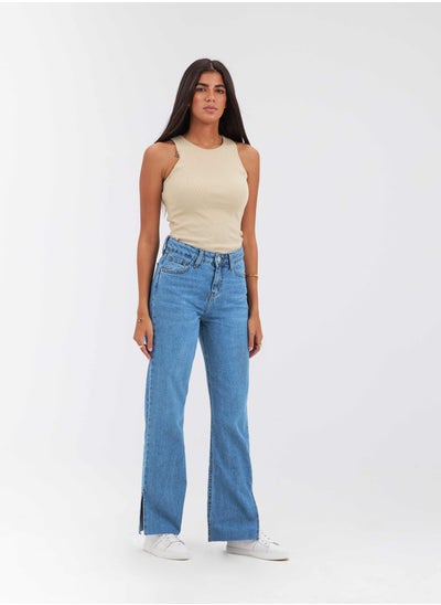 اشتري High-Waist Light Blue Shade Split Hem Straight Leg Jeans. في السعودية